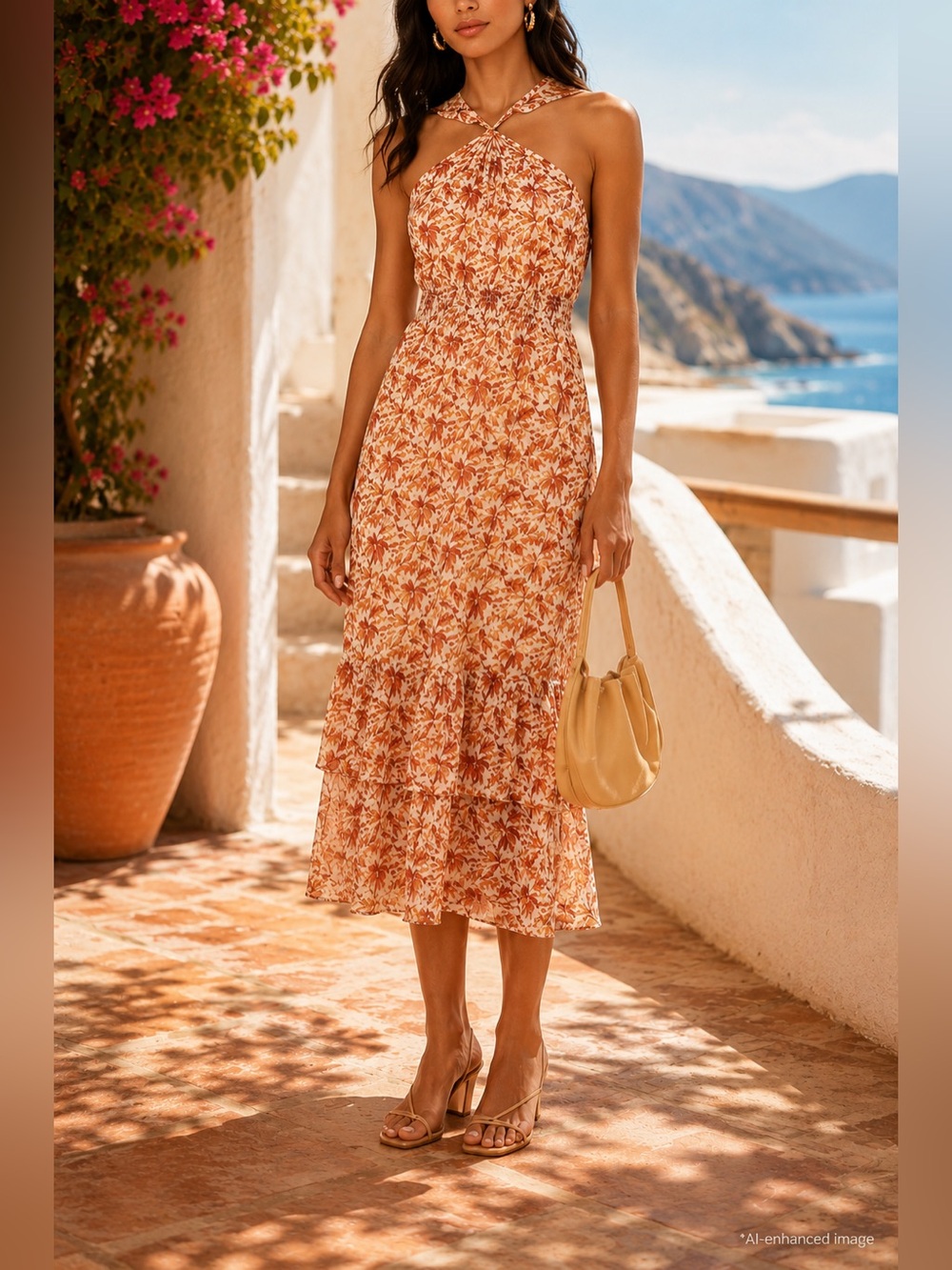 PAIGE Florencia Floral Halter Midi Dress Size M Terracotta Resort Vacation